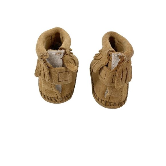 Minnetonka Tan Suede Fringe Pull On Moccasin Booties Infant Size 2 Boho Western - Picture 2 of 8